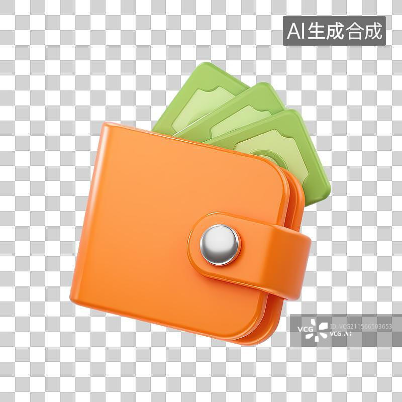 【AI数字艺术】3D渲染卡通橙色钱包与折叠纸币图片素材