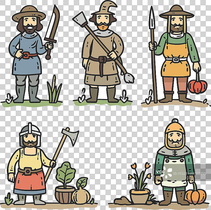 六个中世纪角色的乡村卡通风格图片素材