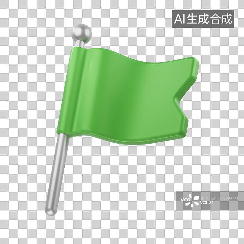 【AI数字艺术】3D渲染绿色飘扬三角旗与金属旗杆图片素材