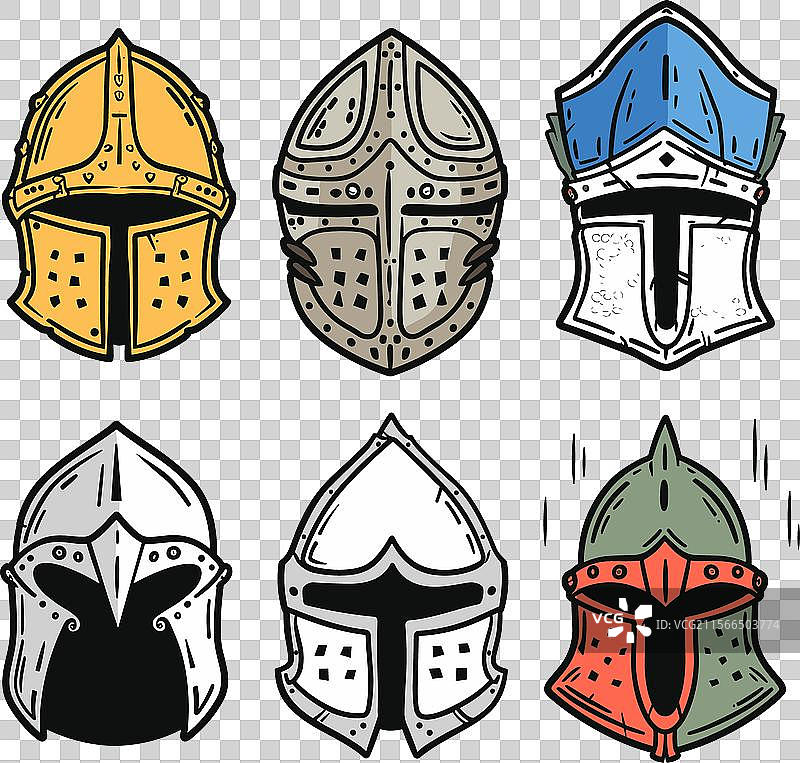 六个不同颜色的中世纪头盔图片素材