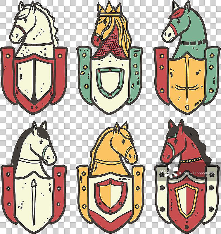 六个中世纪马匹纹章，具有风格化设计图片素材