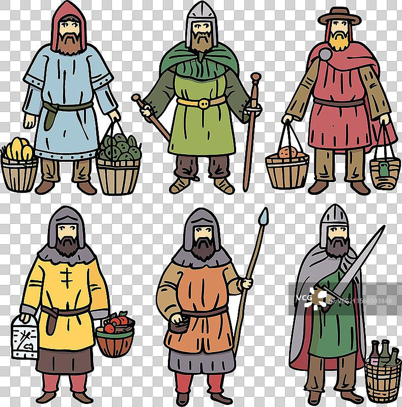 六个中世纪角色携带各种物品图片素材