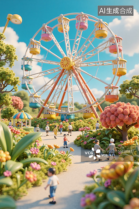 【AI数字艺术】蓝天白云下的摩天轮和春暖花开的公园图片素材