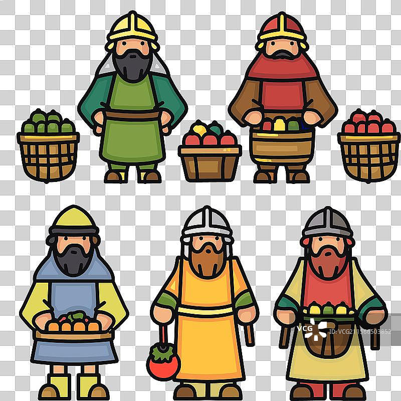 六位中世纪商人展示着水果图片素材