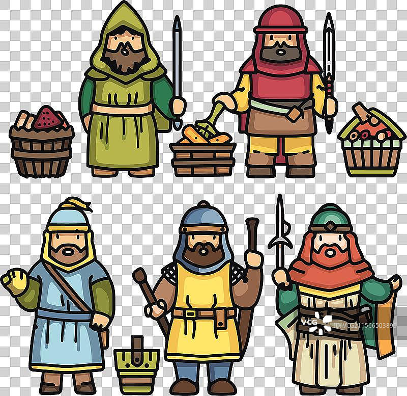 六个中世纪角色手持不同物品图片素材