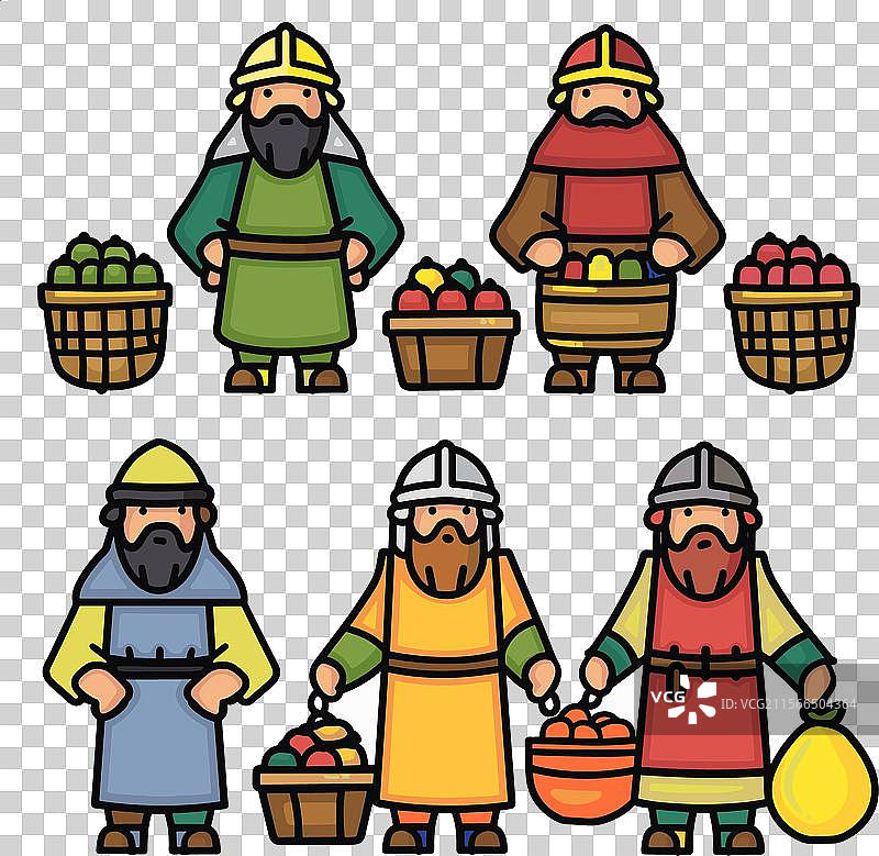六个卡通中世纪商人正在出售水果图片素材