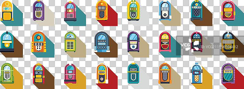 一排多彩的点唱机图标集图片素材