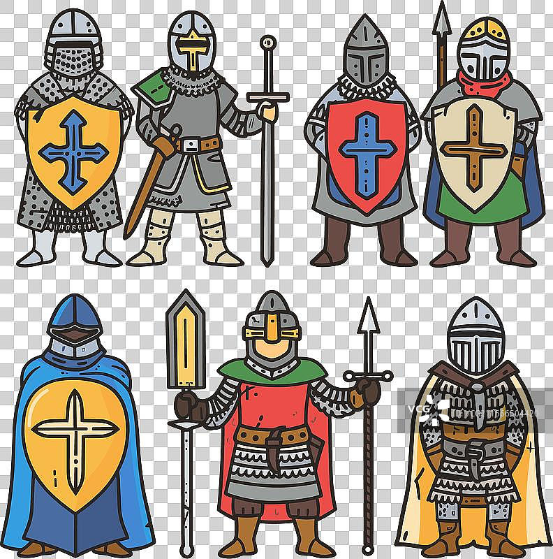 一组中世纪骑士自豪地站立在盔甲中图片素材