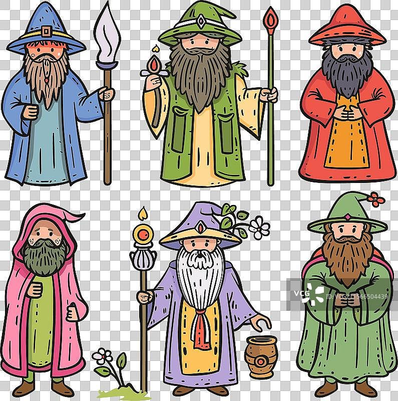 六位巫师独特设计，手持各种神秘物品图片素材