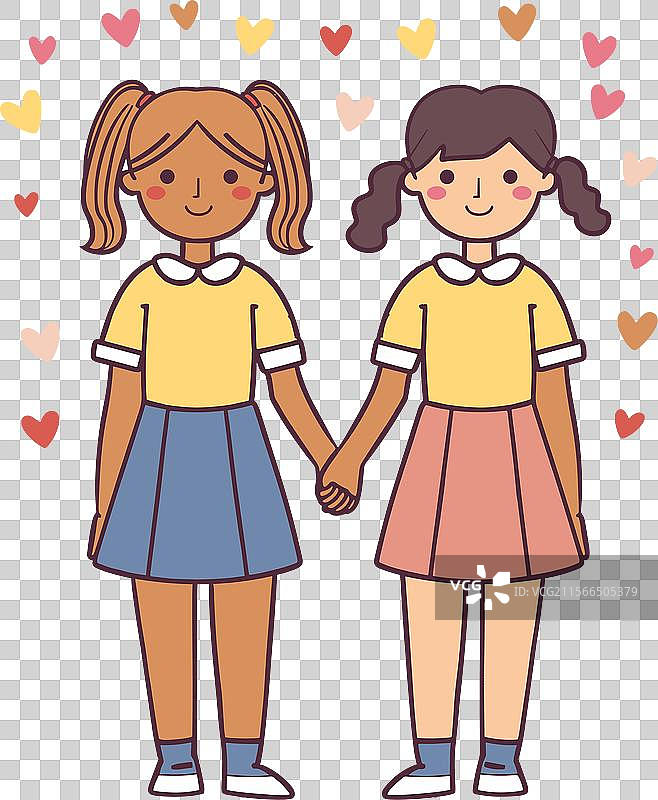 两个卡通女孩手牵手微笑图片素材