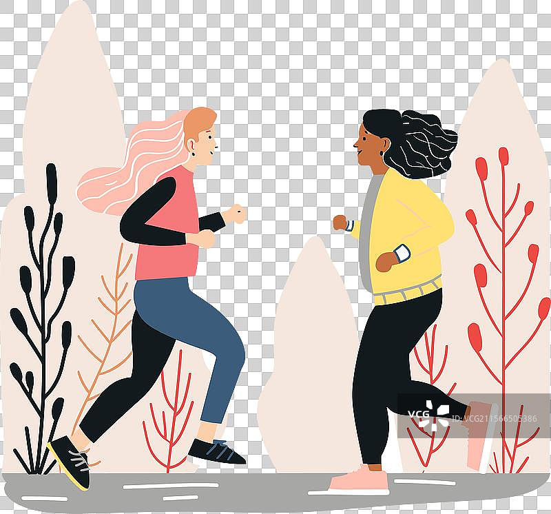 两位女性在户外慢跑，一位肤色较白，穿着粉色衣服。图片素材