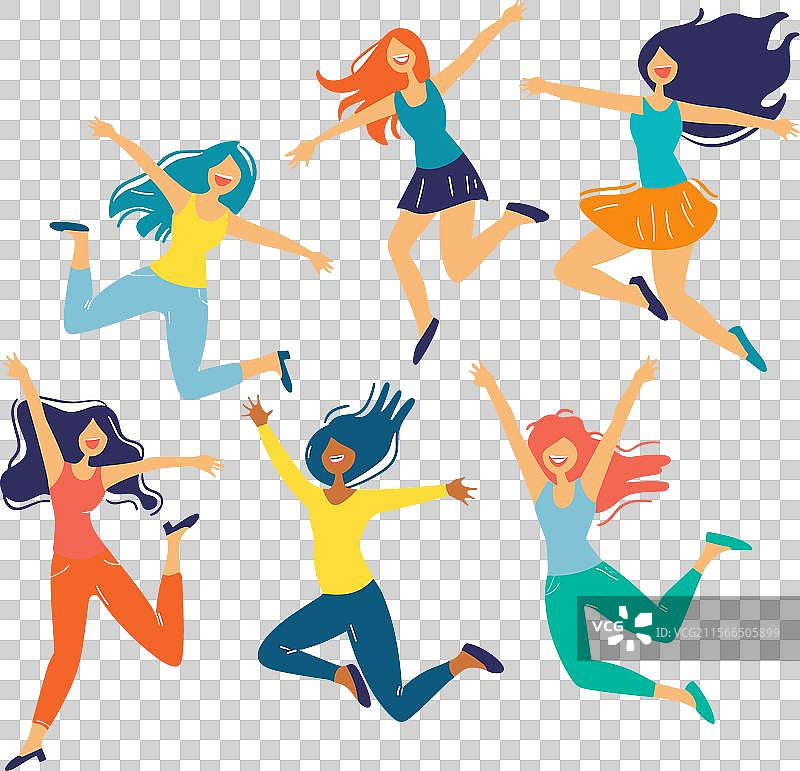 六位快乐的多元文化女性在庆祝跳跃图片素材