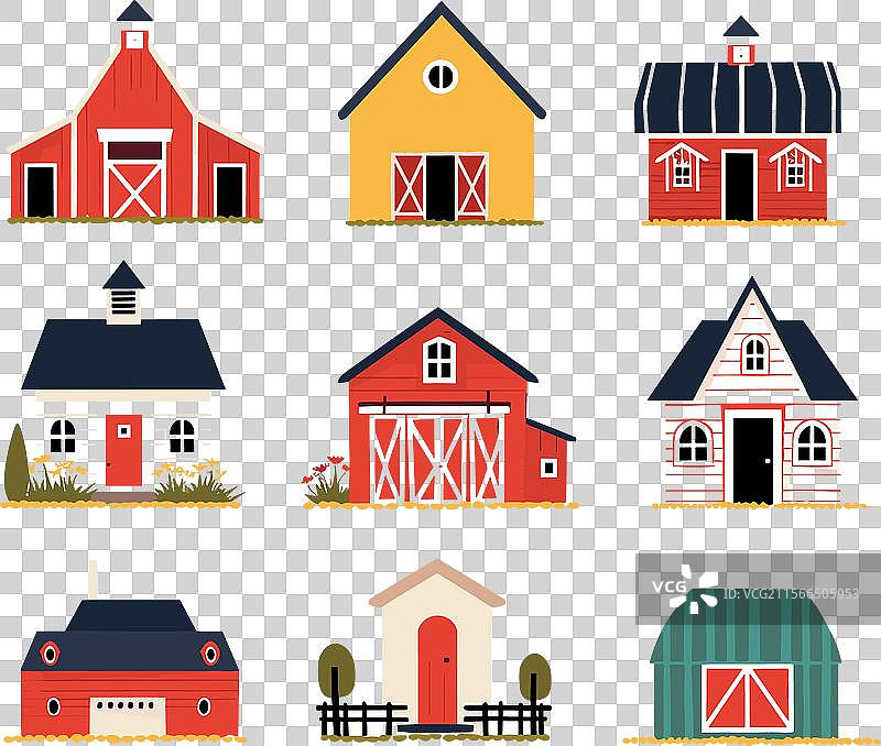 色彩缤纷的卡通农场建筑集合与谷仓图片素材