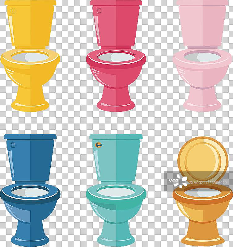 六个色彩斑斓的马桶，浴室中的多种色调图片素材