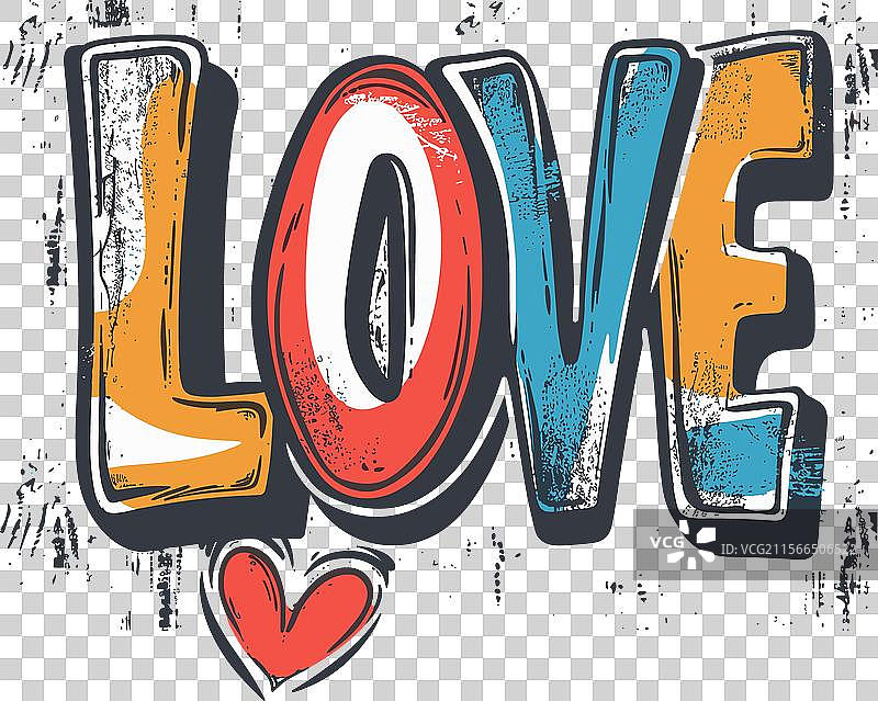 色彩斑斓的爱字艺术，磨损风格心形设计图片素材