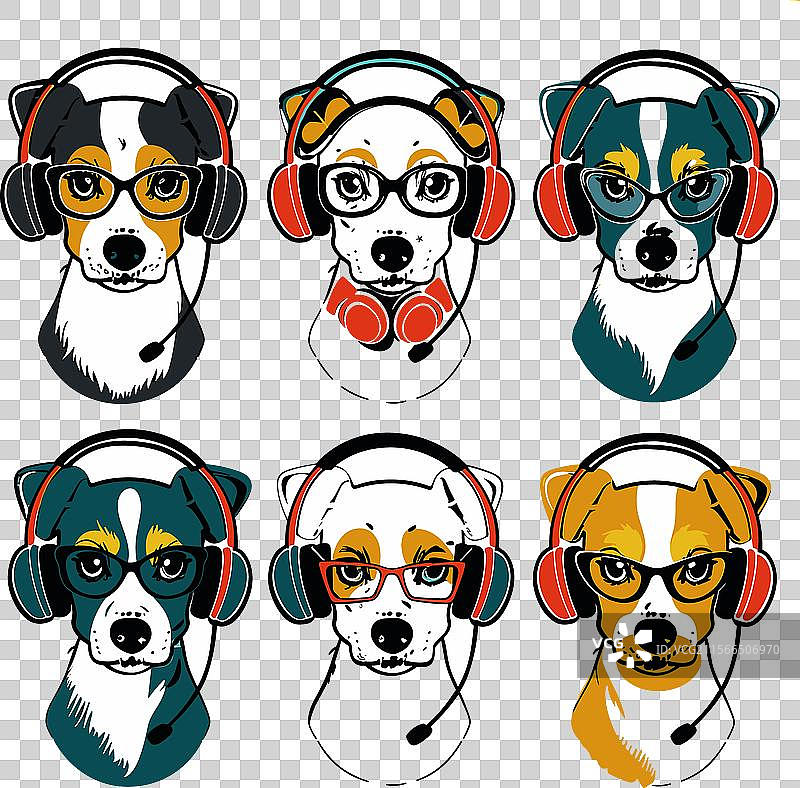 六只戴着耳机和眼镜的卡通狗图片素材