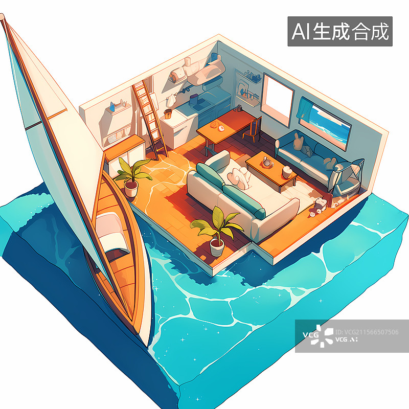 【AI数字艺术】清新风格海浪帆船插图背景图片素材