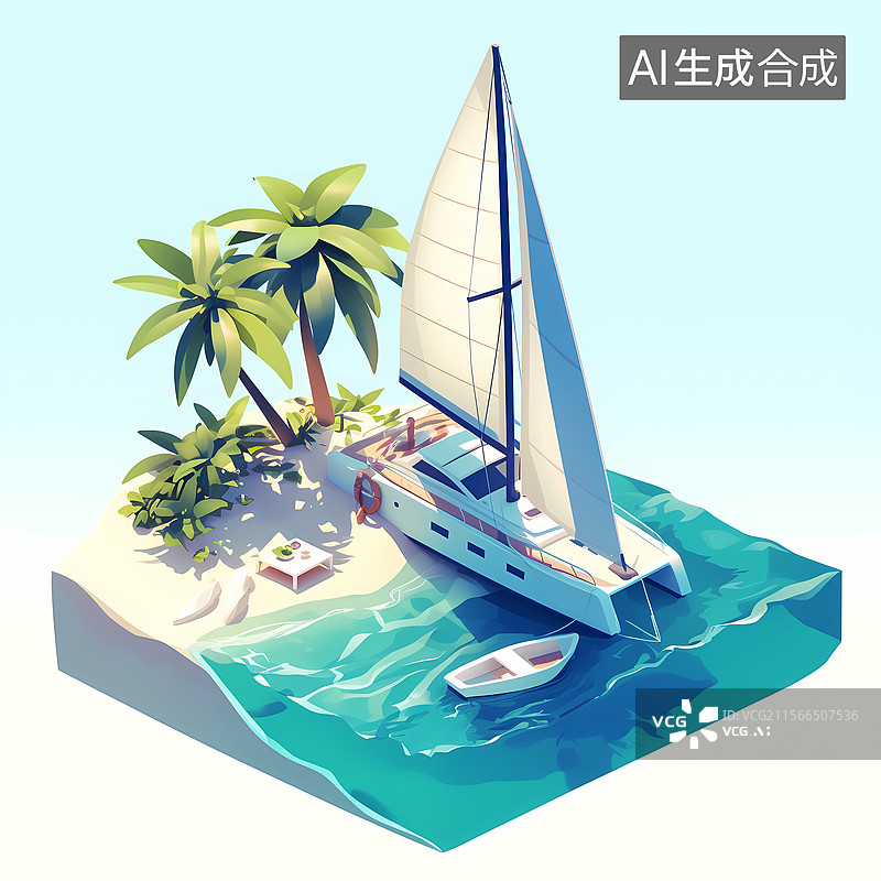 【AI数字艺术】清新风格海浪帆船插图背景图片素材
