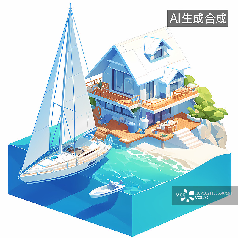 【AI数字艺术】清新风格海浪帆船插图背景图片素材
