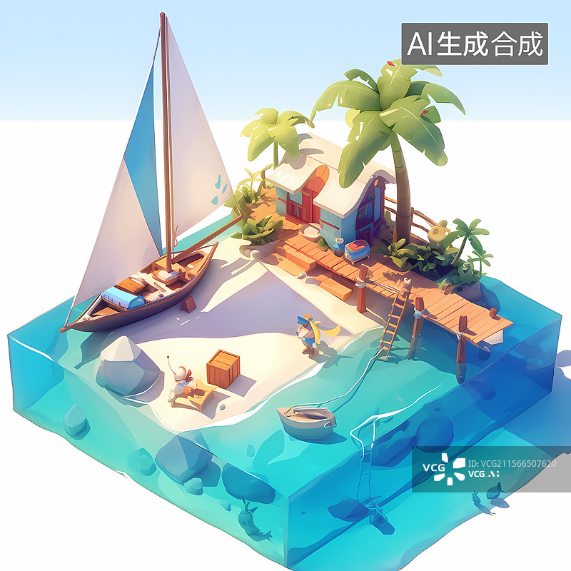 【AI数字艺术】清新风格海浪帆船插图背景图片素材