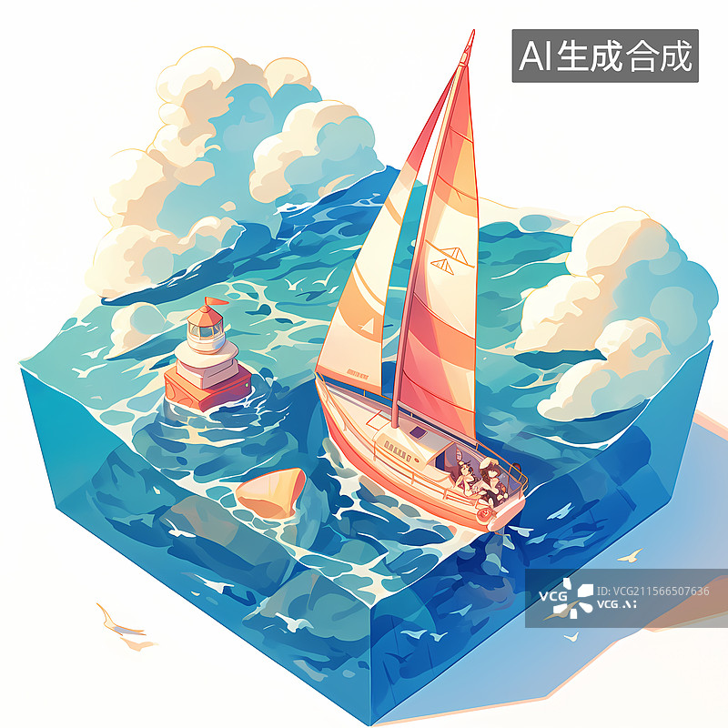 【AI数字艺术】清新风格海浪帆船插图背景图片素材