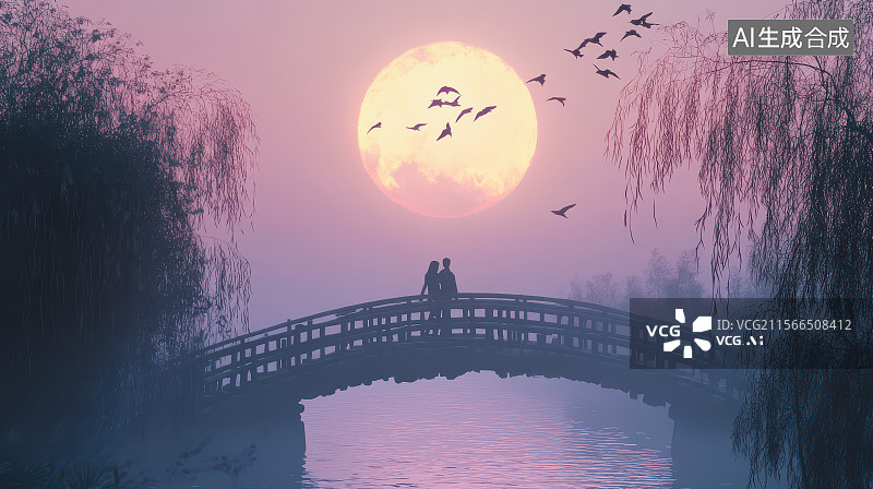 【AI数字艺术】月夜下桥上情侣的浪漫风景图像图片素材