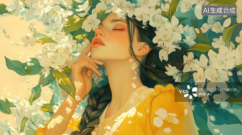 【AI数字艺术】春花环绕的梦幻人物艺术插画图片素材