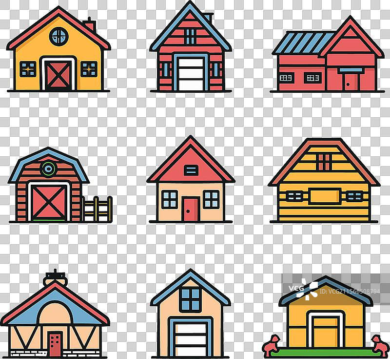 九栋色彩斑斓的卡通房屋扁平线条图图片素材