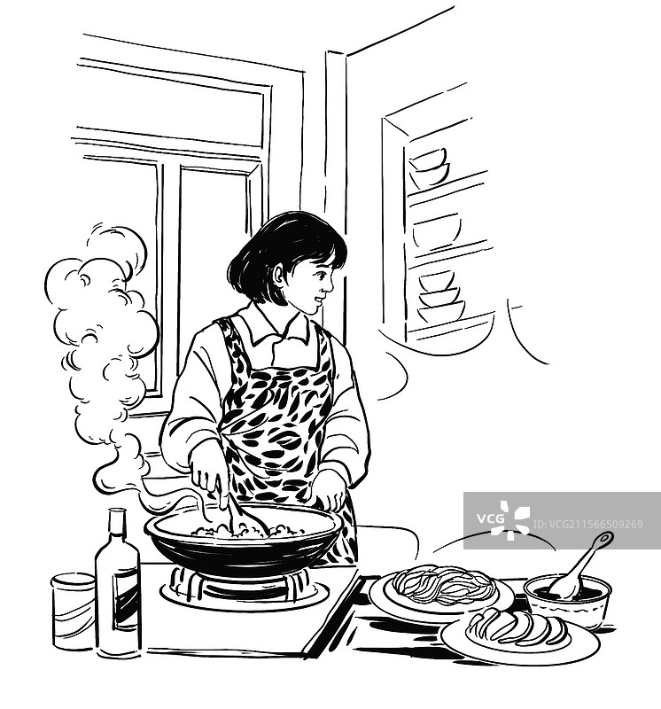 黑白插画线描素描 女人做饭 一日三餐 饭菜烹饪 一家人 生活美味美食 家庭主妇 妈妈母亲图片素材