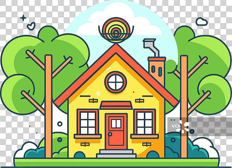 温馨的黄色房子被绿色树木环绕图片素材