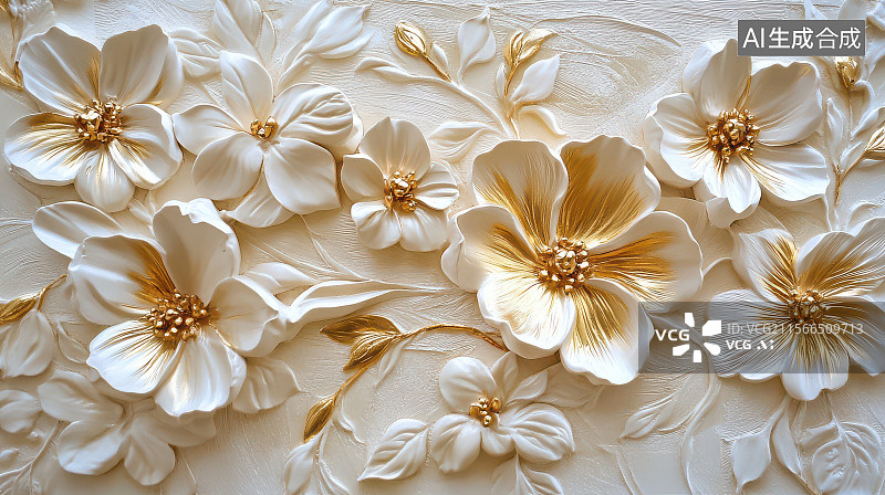 【AI数字艺术】米白色背景的金色花卉浮雕艺术图像图片素材