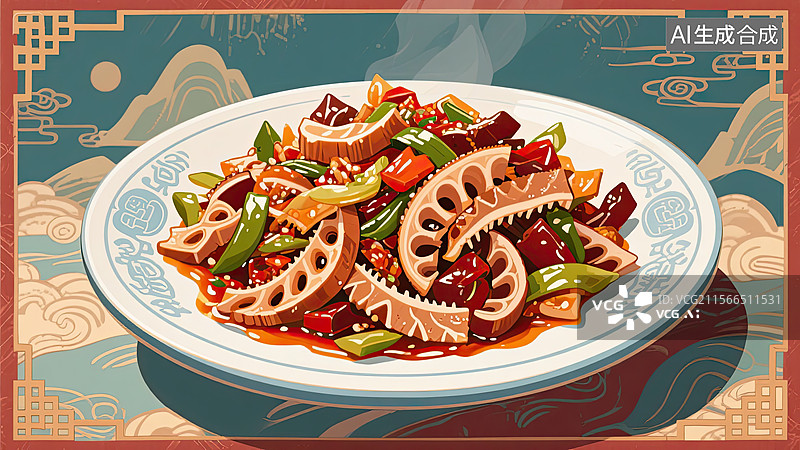 【AI数字艺术】中华美食，爆炒腰花，鲁菜，传统美食，插画图片素材