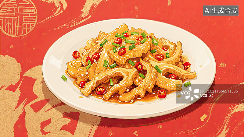 【AI数字艺术】中华美食，鲁菜，油爆双脆，炒菜，插画图片素材