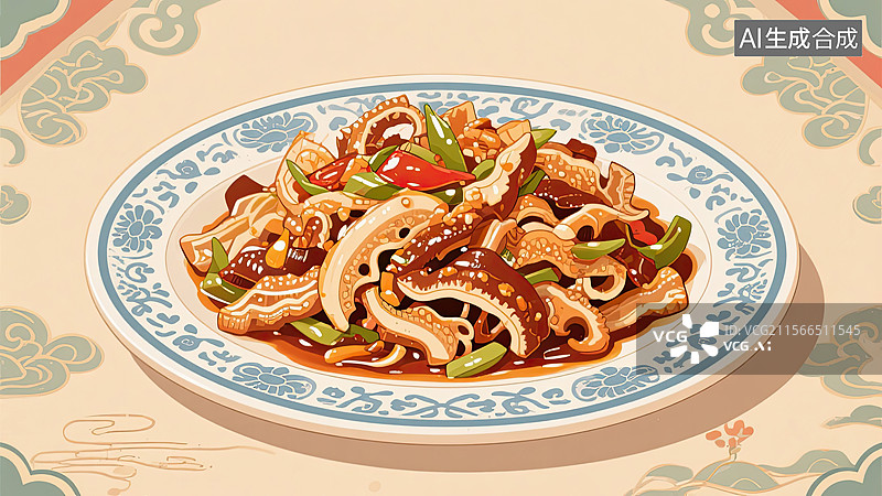 【AI数字艺术】中华美食，鲁菜，油爆双脆，炒菜，插画图片素材