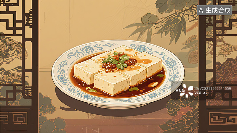 【AI数字艺术】中华美食，一品豆腐，豆制品，食物，插画图片素材
