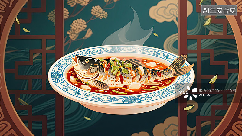 【AI数字艺术】中华美食，鲁菜，水煮鱼，食物，插画图片素材