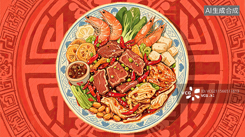 【AI数字艺术】中华美食，川菜，麻辣香锅，食物，插画图片素材
