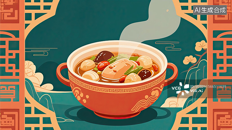 【AI数字艺术】中华美食，老火靓汤，高汤，食品，插画图片素材