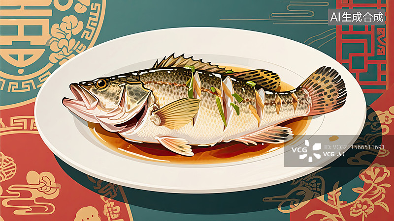 【AI数字艺术】中华美食，清蒸石斑鱼，美味，食物，插画图片素材
