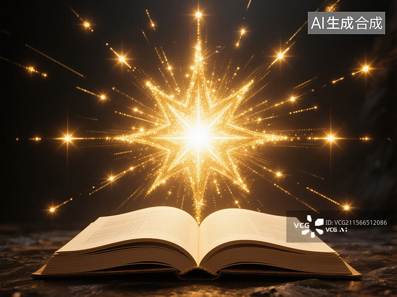 【AI数字艺术】打开的书与闪耀星光图片素材
