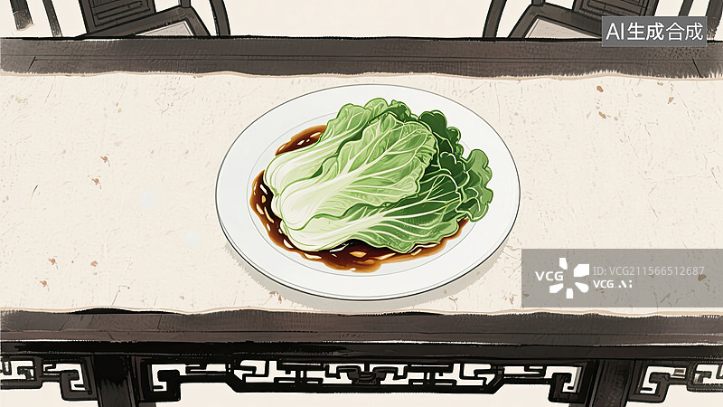 【AI数字艺术】中华美食，蚝油生菜，粤菜，中华文化，插画图片素材