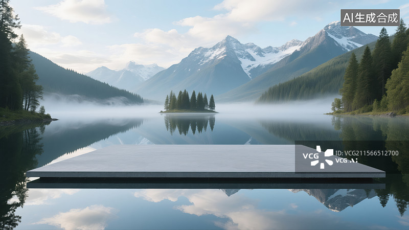 【AI数字艺术】静谧湖光与雪山森林之景图片素材