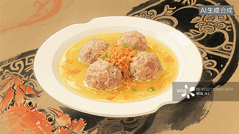【AI数字艺术】中华美食，清炖蟹粉狮子头，美食，插画图片素材