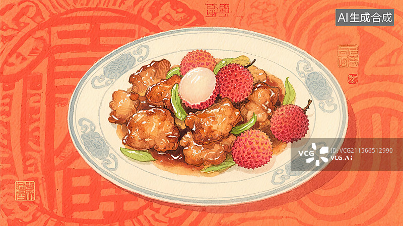 【AI数字艺术】中华美食，闽菜，荔枝肉，食物，插画图片素材