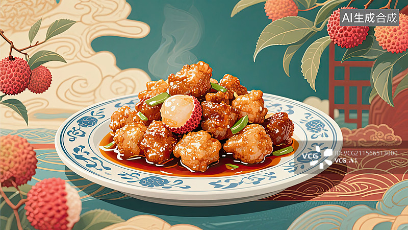 【AI数字艺术】中华美食，闽菜，荔枝肉，食物，插画图片素材