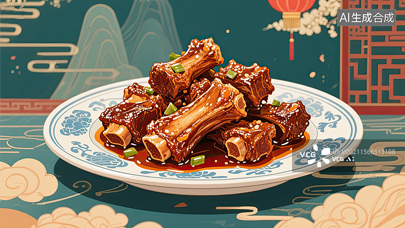 【AI数字艺术】中华美食，闽菜，醉排骨，食物，插画图片素材