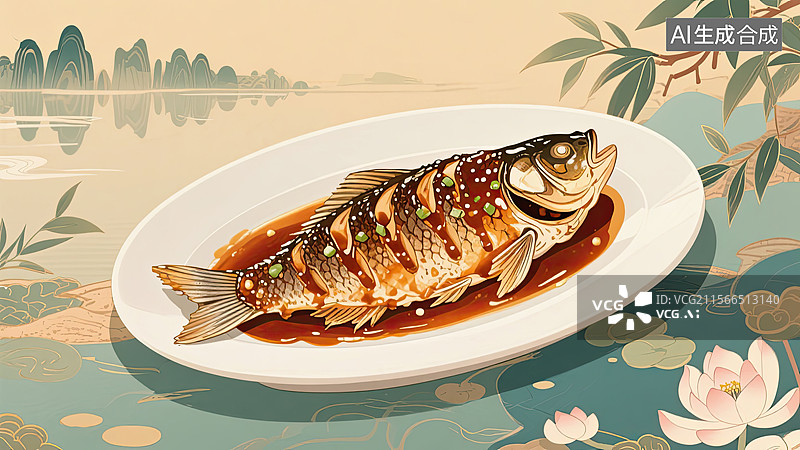 【AI数字艺术】中华美食，浙菜，西湖醋鱼，食物，插画图片素材
