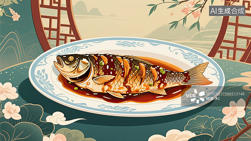 【AI数字艺术】中华美食，浙菜，西湖醋鱼，食物，插画图片素材