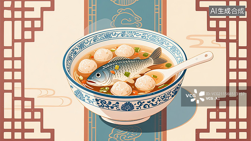 【AI数字艺术】中华美食，闽菜，食物，鱼丸汤，插画图片素材
