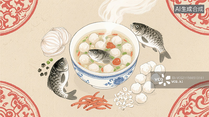 【AI数字艺术】中华美食，闽菜，食物，鱼丸汤，插画图片素材